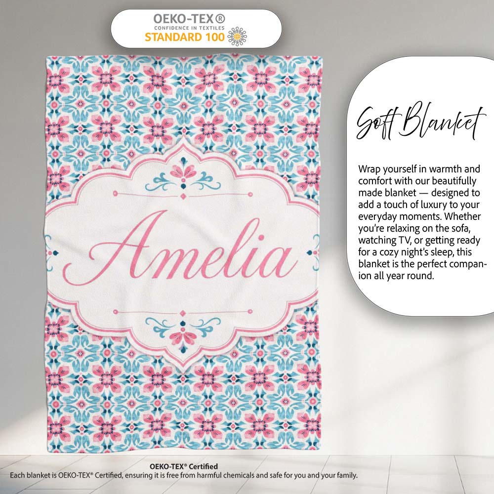 Vintage Floral Tile in Soft Pink and Blue Symmetrical Design Lovely Personalised Custom Name Super Soft Fleece Blanket Bed Sofa Throw