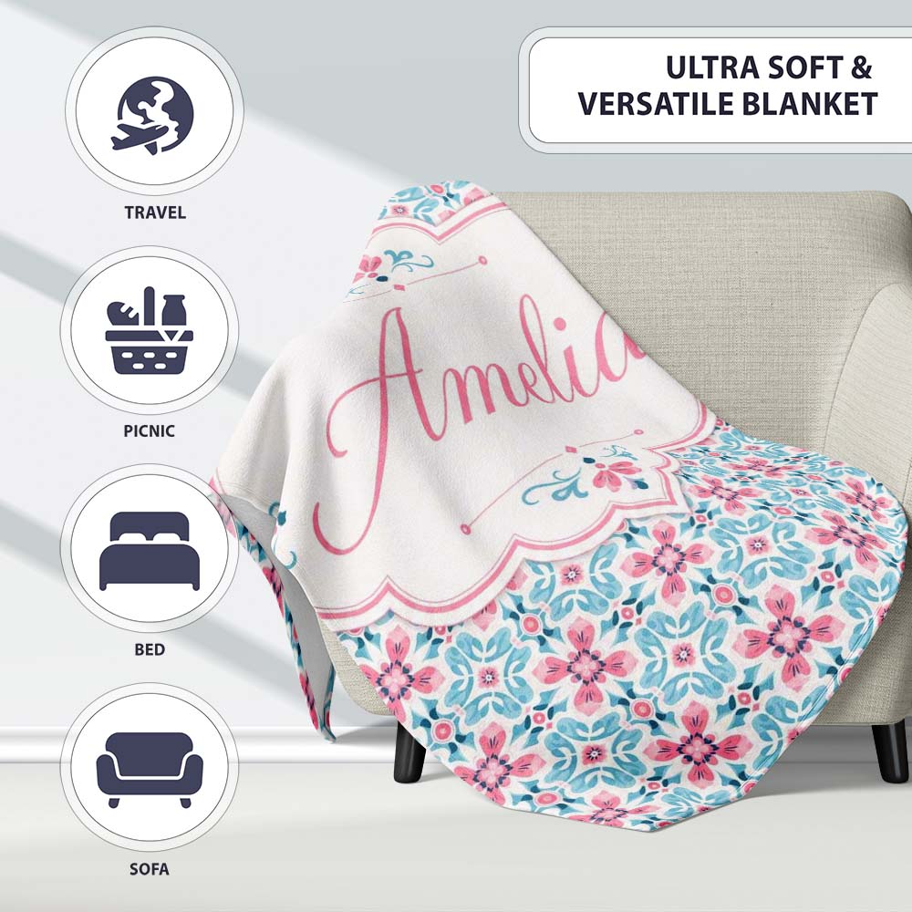 Vintage Floral Tile in Soft Pink and Blue Symmetrical Design Lovely Personalised Custom Name Super Soft Fleece Blanket Bed Sofa Throw