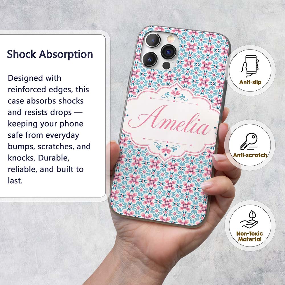 Vintage Floral Tile in Soft Pink Printed Design Custom Name Protective Phone Case Mobile Cover Durable Everyday Smartphone Shock Resistant