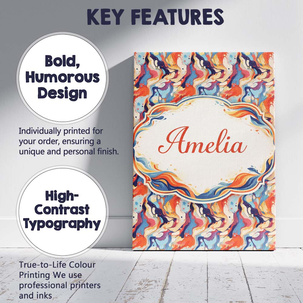 Personalised Name Vibrant Retro Marble Swirl Blue Orange Cream Custom Modern Room Accent Canvas Wall Art Print Decor Picture Ready to Hang