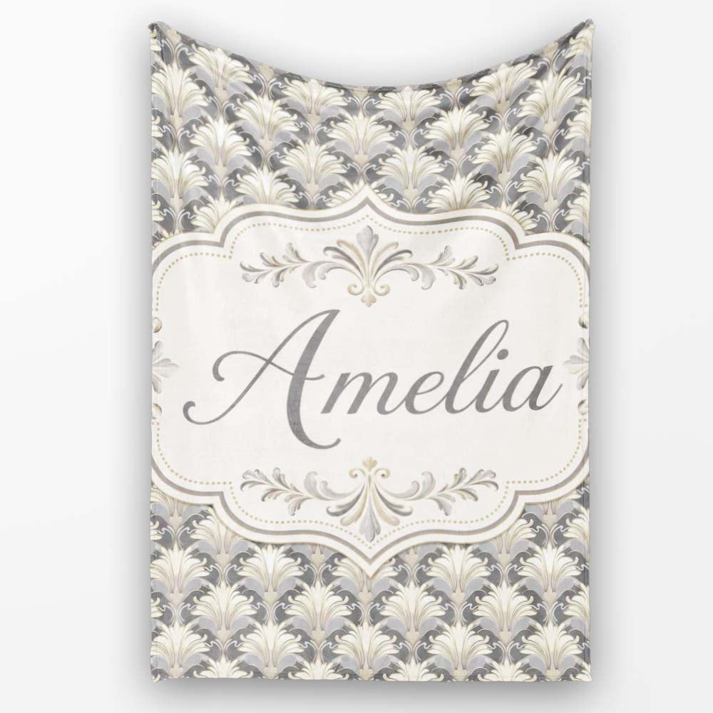 Elegant Neutral Damask Leaf in Soft Grey and Cream Classic Design Personalised Custom Name Super Soft Fleece Blanket Bed Sofa Throw