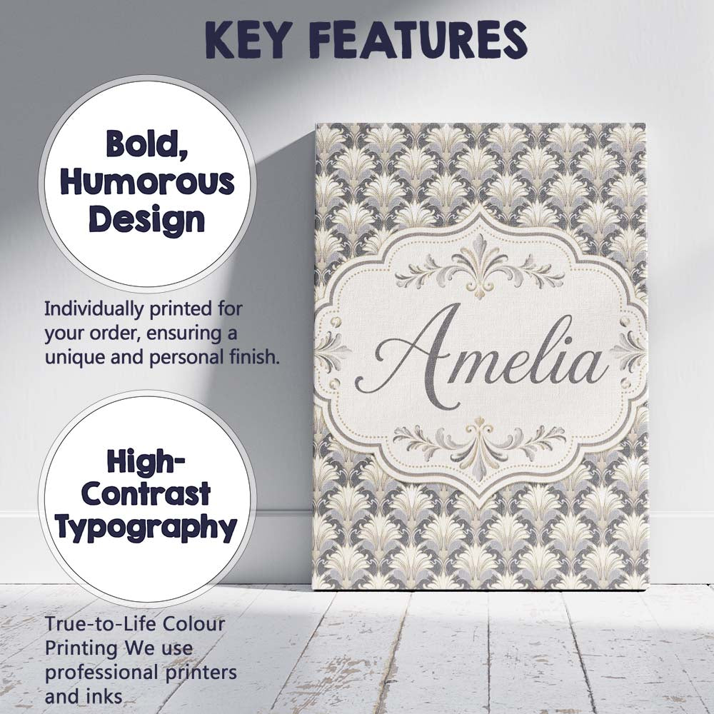 Personalised Name Elegant Neutral Damask Custom Interior Decorative Contemporary Canvas Wall Art Print Decor Picture Ready to Hang
