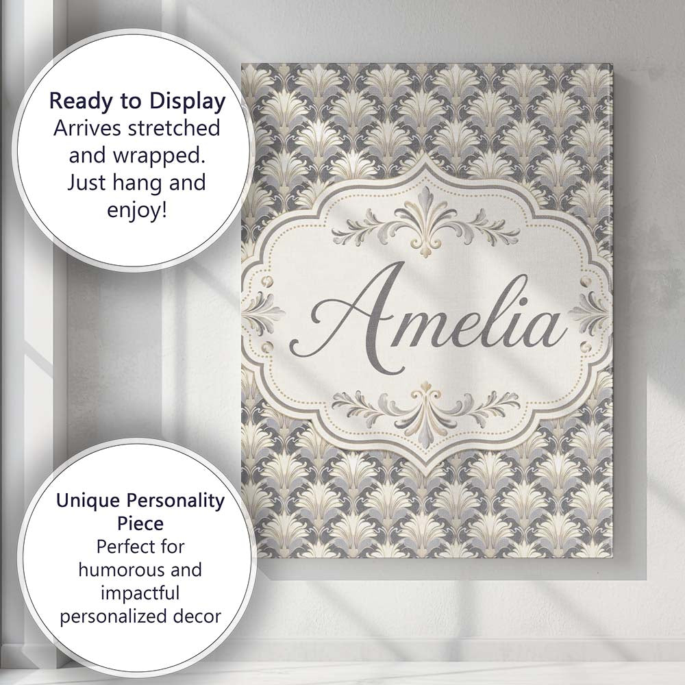 Personalised Name Elegant Neutral Damask Custom Interior Decorative Contemporary Canvas Wall Art Print Decor Picture Ready to Hang