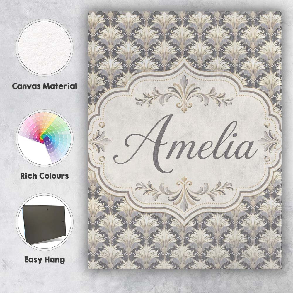 Personalised Name Elegant Neutral Damask Custom Interior Decorative Contemporary Canvas Wall Art Print Decor Picture Ready to Hang