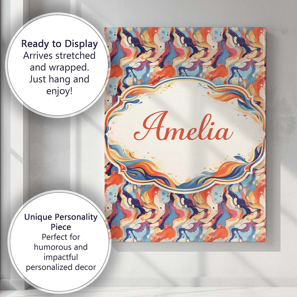Personalised Name Vibrant Retro Marble Swirl Blue Orange Cream Custom Modern Room Accent Canvas Wall Art Print Decor Picture Ready to Hang