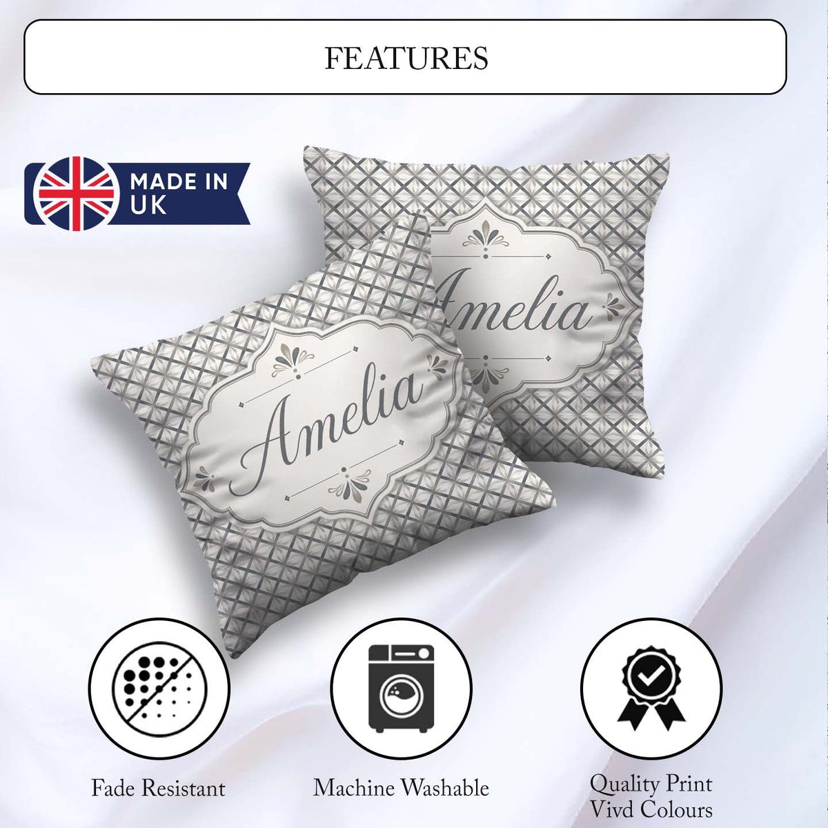Custom Name Modern Lattice Pattern in Grey and White Symmetrical Square Filled Cushion Throw Pillow Sofa Bed Home Decor Zip Washable UK Made