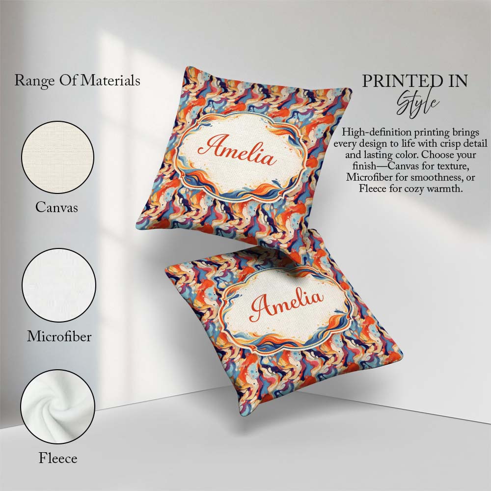 Custom Name Vibrant Retro Marble Swirl Blue Orange Cream Pattern Square Filled Cushion Throw Pillow Sofa Bed Home Decor Zip Washable UK Made