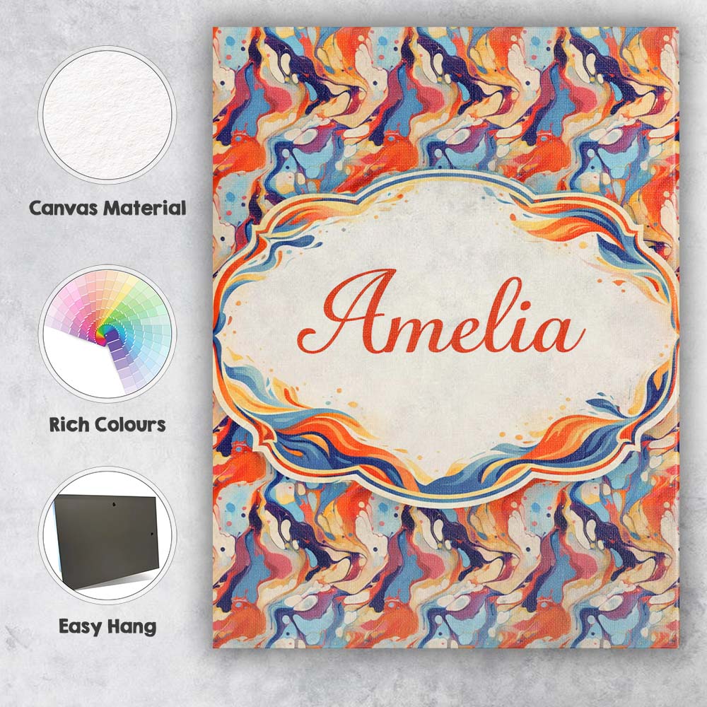Personalised Name Vibrant Retro Marble Swirl Blue Orange Cream Custom Modern Room Accent Canvas Wall Art Print Decor Picture Ready to Hang