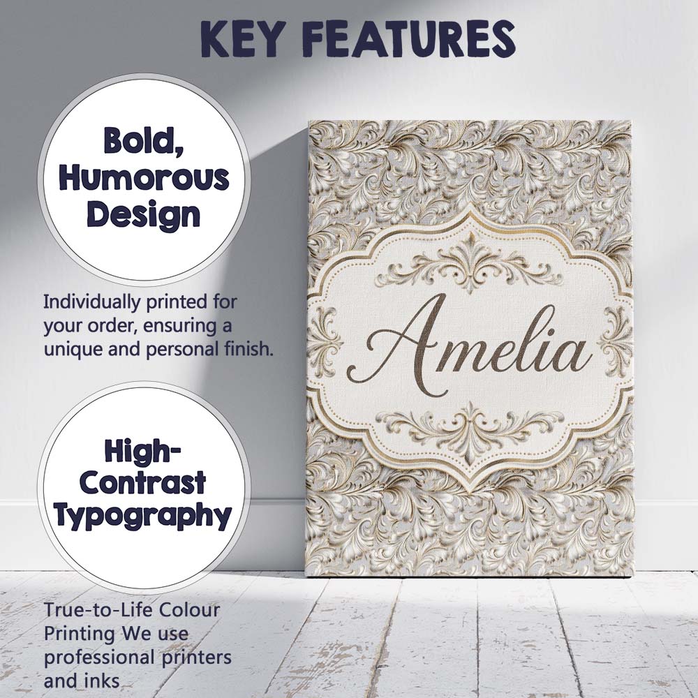 Personalised Name Elegant Beige Baroque Custom Unique Gift Idea Modern Room Accent Canvas Wall Art Print Decor Picture Ready to Hang