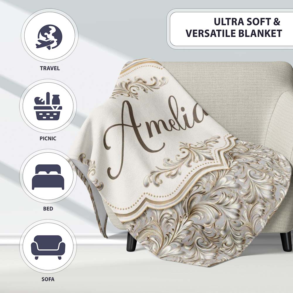 Elegant Beige Baroque Floral Scroll with Ornate Vintage Texture Personalised Custom Name Super Soft Fleece Blanket Bed Sofa Throw