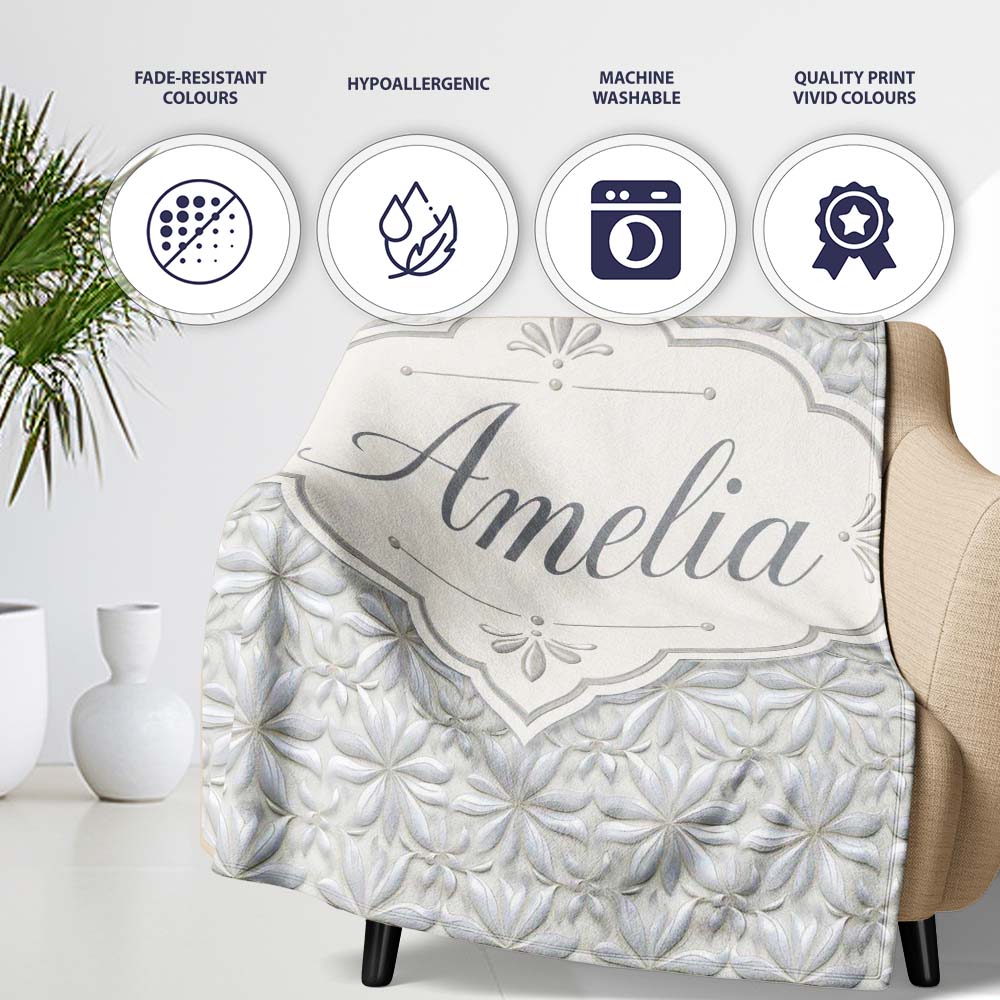Soft Neutral Floral Tile in Cream and Grey Embossed Style Design Personalised Custom Name Super Soft Fleece Blanket Bed Sofa Throw
