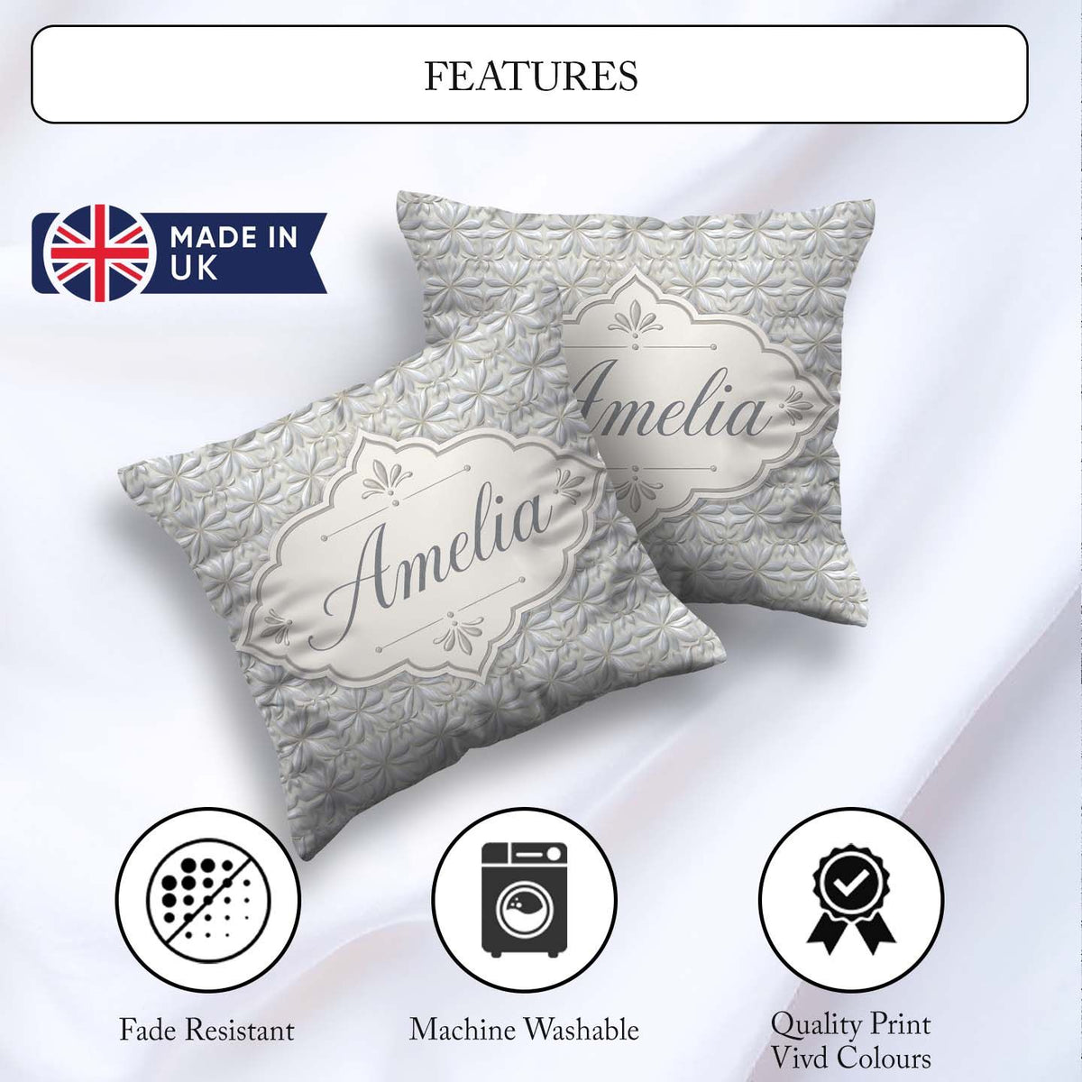 Custom Name Soft Neutral Floral Tile in Cream and Embossed Style Square Filled Cushion Throw Pillow Sofa Bed Home Decor Zip Washable UK Made