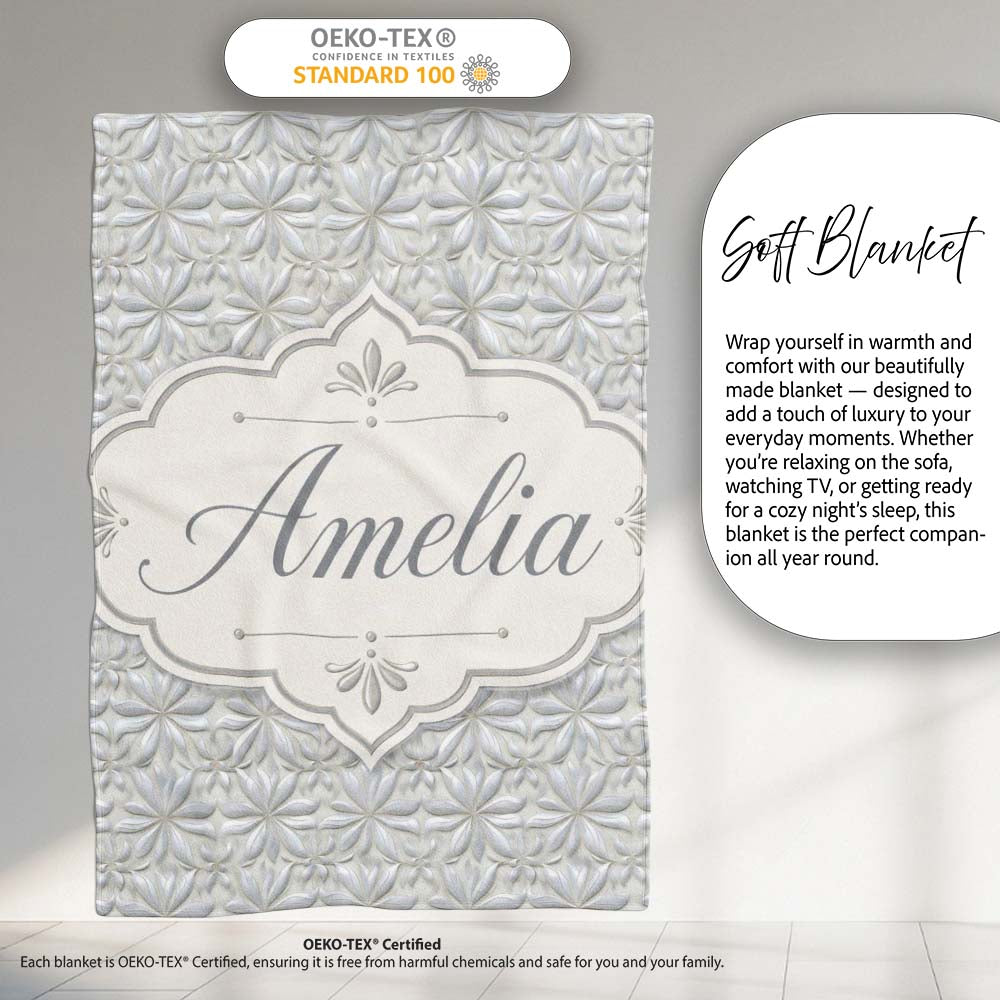Soft Neutral Floral Tile in Cream and Grey Embossed Style Design Personalised Custom Name Super Soft Fleece Blanket Bed Sofa Throw
