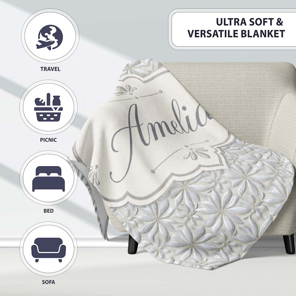 Soft Neutral Floral Tile in Cream and Grey Embossed Style Design Personalised Custom Name Super Soft Fleece Blanket Bed Sofa Throw