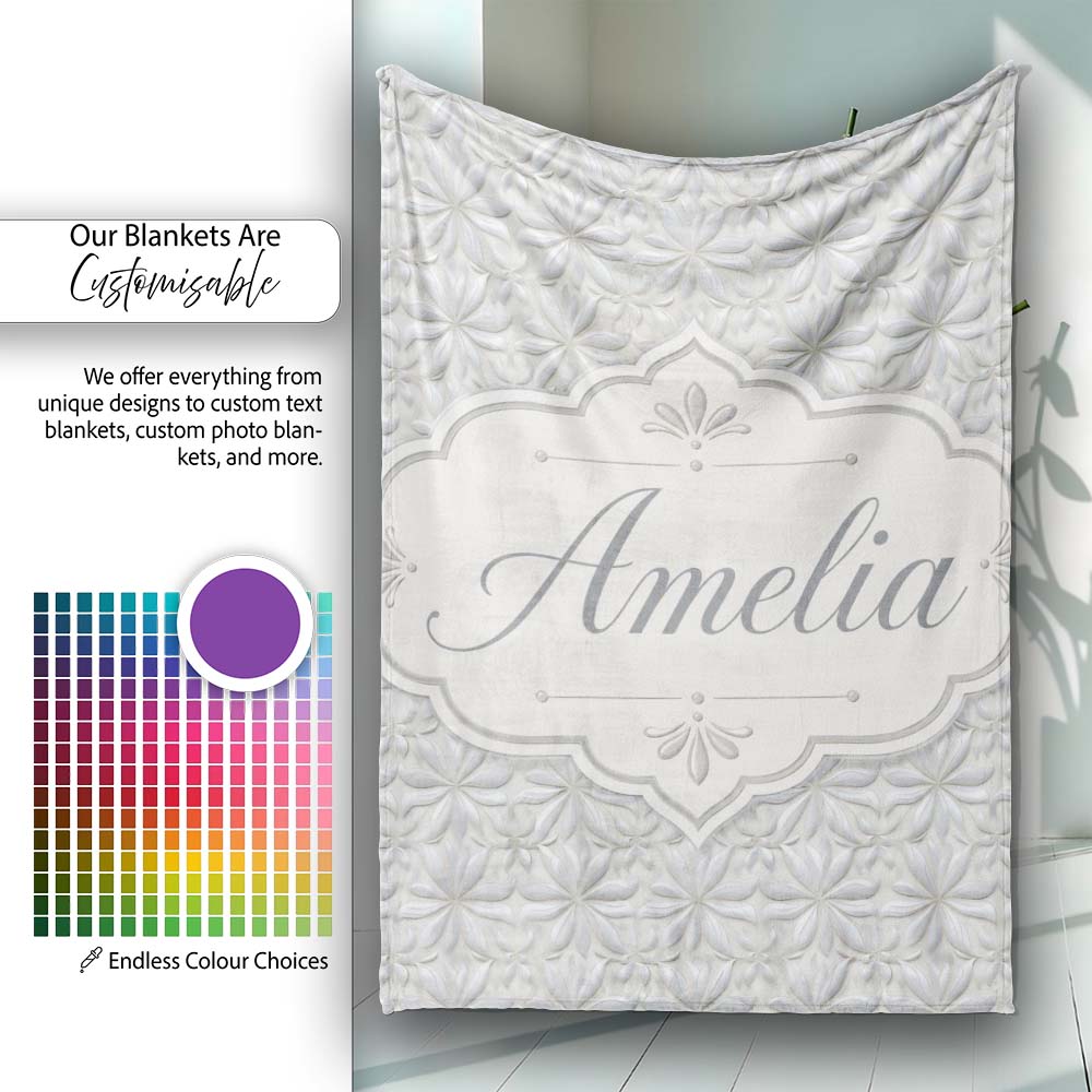 Soft Neutral Floral Tile in Cream and Grey Embossed Style Design Personalised Custom Name Super Soft Fleece Blanket Bed Sofa Throw
