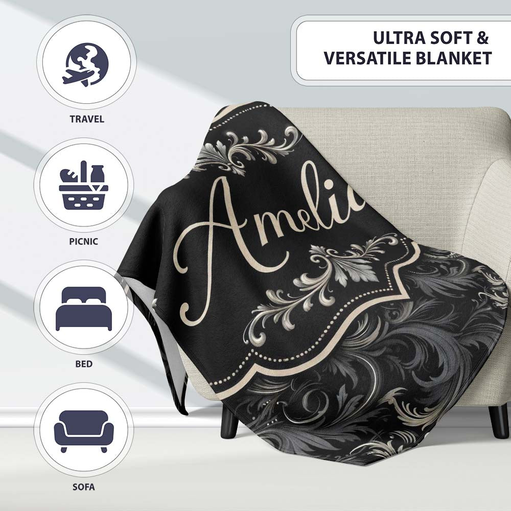Luxury Dark Baroque Floral in Black and Silver Ornate Swirl Design Personalised Custom Name Super Soft Fleece Blanket Bed Sofa Throw