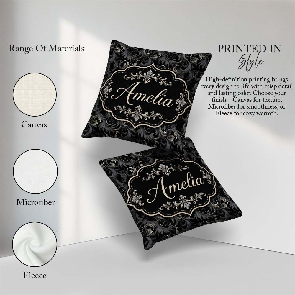 Custom Name Luxury Dark Baroque Floral in Black and Silver Swirl Square Filled Cushion Throw Pillow Sofa Bed Home Decor Zip Washable UK Made