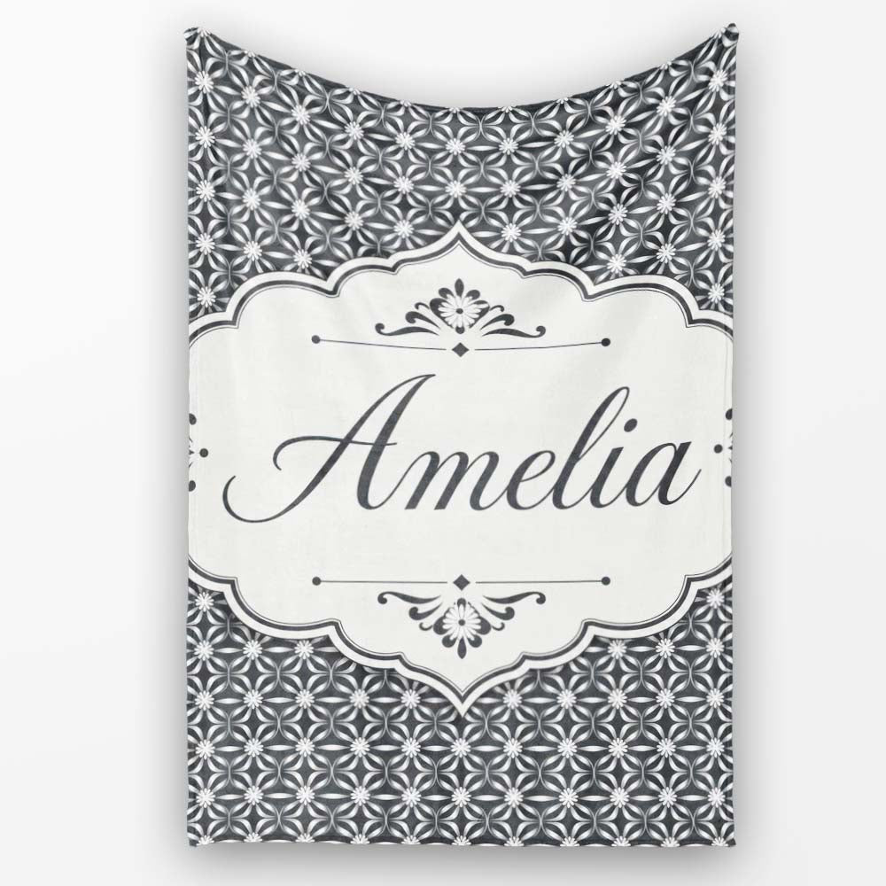 Modern Grey Geometric Flower Lattice Pattern Symmetrical Seamless Personalised Custom Name Super Soft Fleece Blanket Bed Sofa Throw