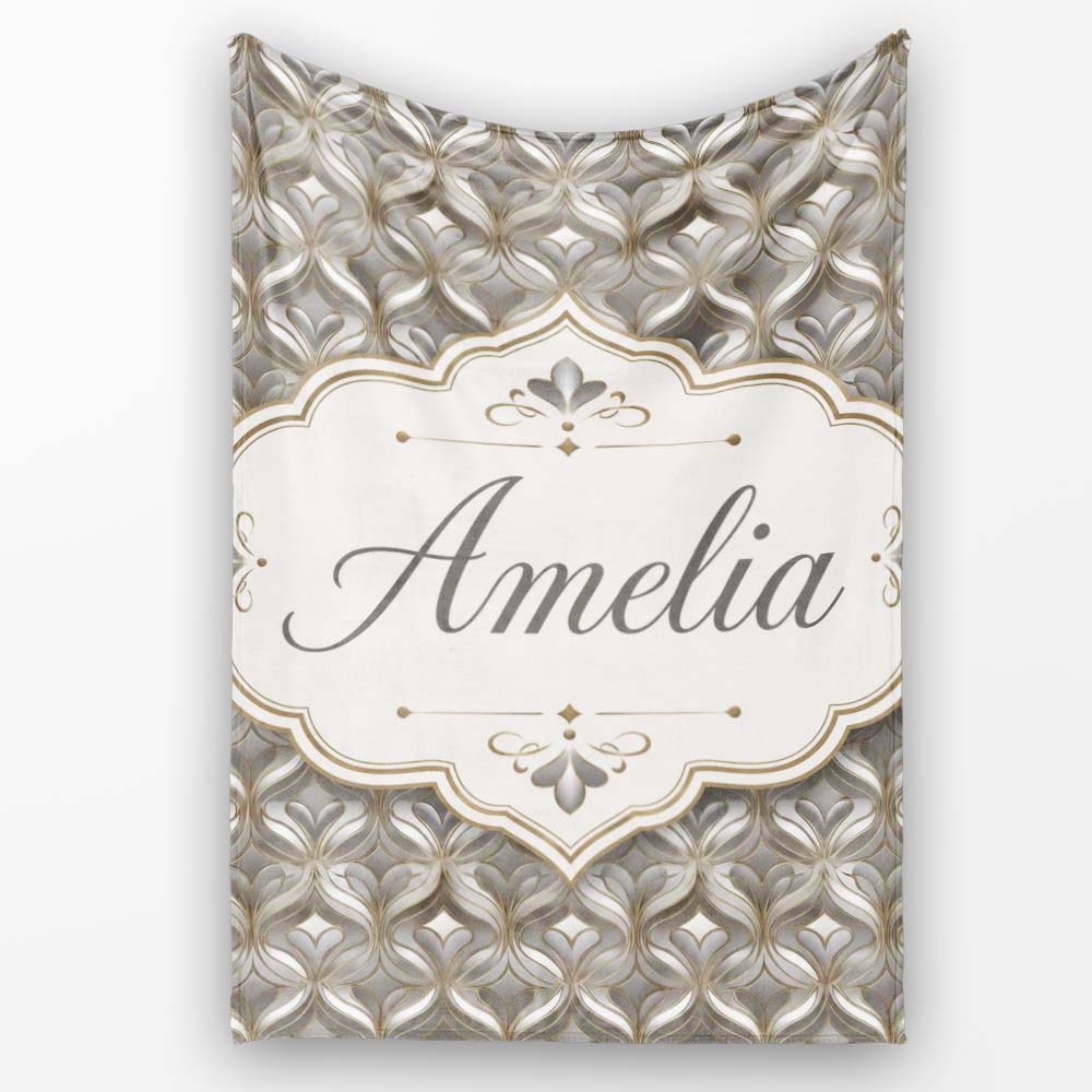 Elegant Geometric Heart Motif Pattern in Neutral Beige and Grey Personalised Custom Name Super Soft Fleece Blanket Bed Sofa Throw