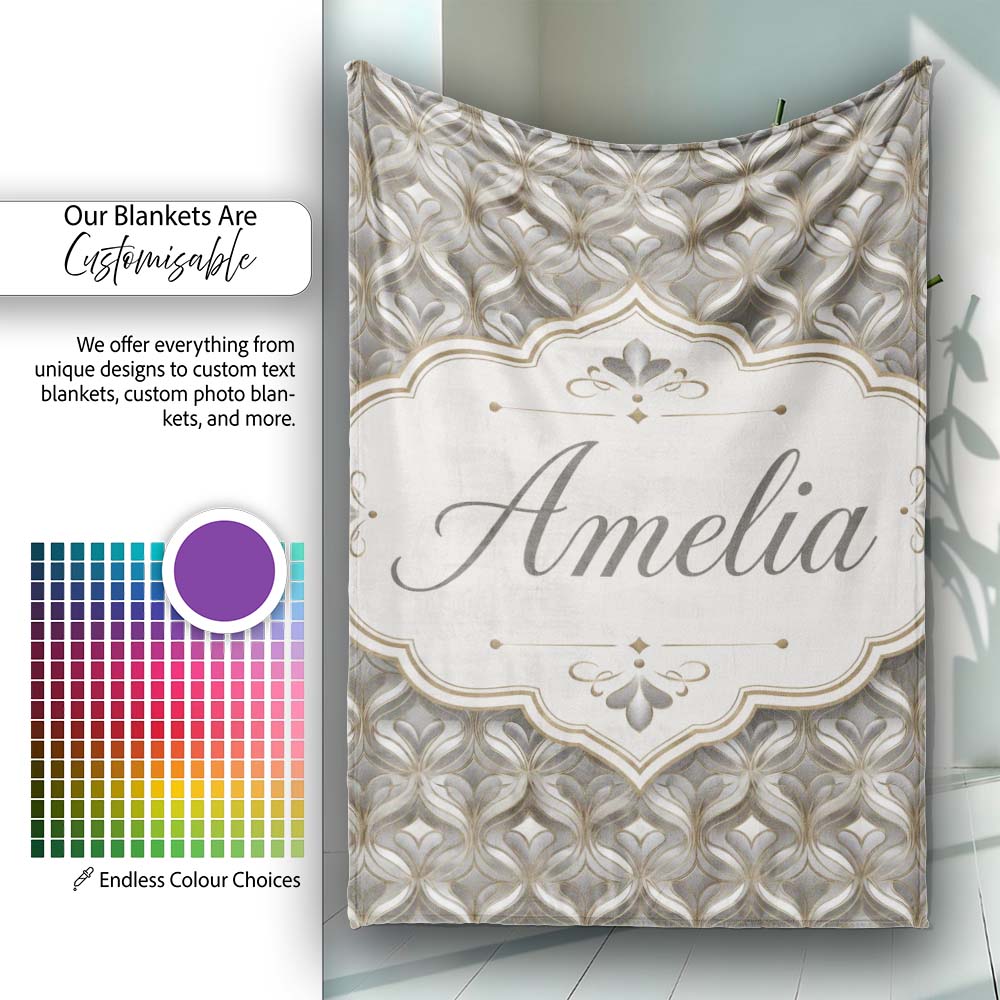 Elegant Geometric Heart Motif Pattern in Neutral Beige and Grey Personalised Custom Name Super Soft Fleece Blanket Bed Sofa Throw