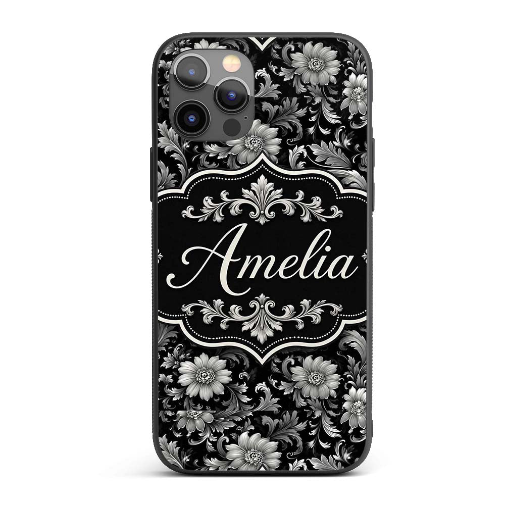 Vintage Black and White Floral Printed Design Custom Name Protective Phone Case Mobile Cover Durable Everyday Smartphone Shock Resistant