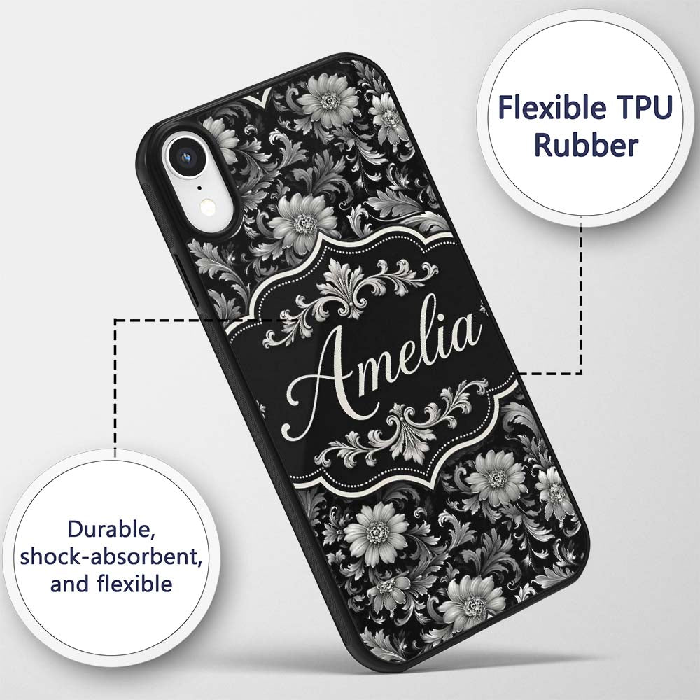 Vintage Black and White Floral Printed Design Custom Name Protective Phone Case Mobile Cover Durable Everyday Smartphone Shock Resistant