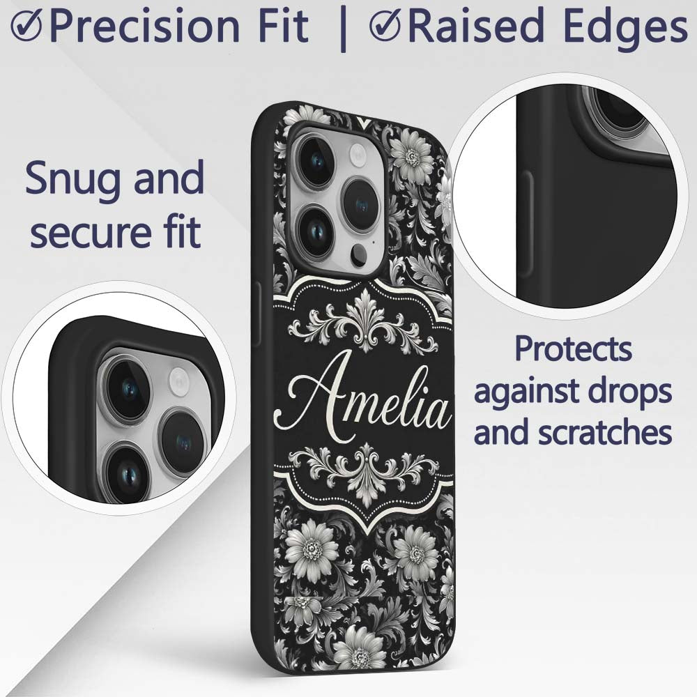 Vintage Black and White Floral Printed Design Custom Name Protective Phone Case Mobile Cover Durable Everyday Smartphone Shock Resistant