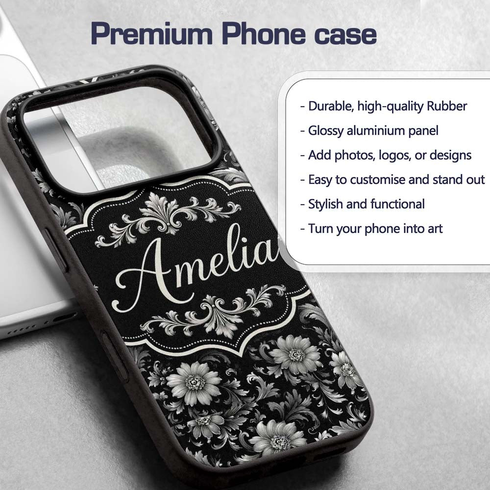 Vintage Black and White Floral Printed Design Custom Name Protective Phone Case Mobile Cover Durable Everyday Smartphone Shock Resistant
