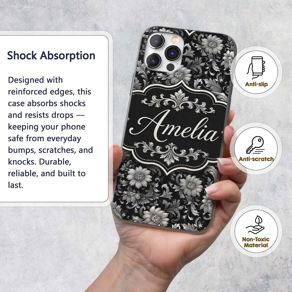 Vintage Black and White Floral Printed Design Custom Name Protective Phone Case Mobile Cover Durable Everyday Smartphone Shock Resistant