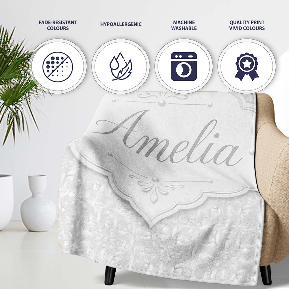 Subtle White Embossed Floral Tile with Soft Textured Finish Design Personalised Custom Name Super Soft Fleece Blanket Bed Sofa Throw