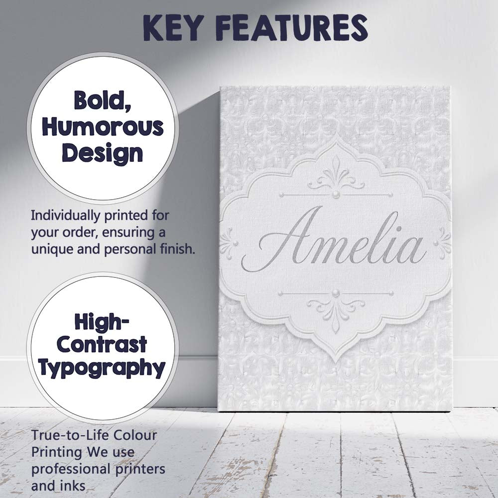 Personalised Name Subtle White Embossed Custom Modern Room Accent Elegant Feature Canvas Wall Art Print Decor Picture Ready to Hang