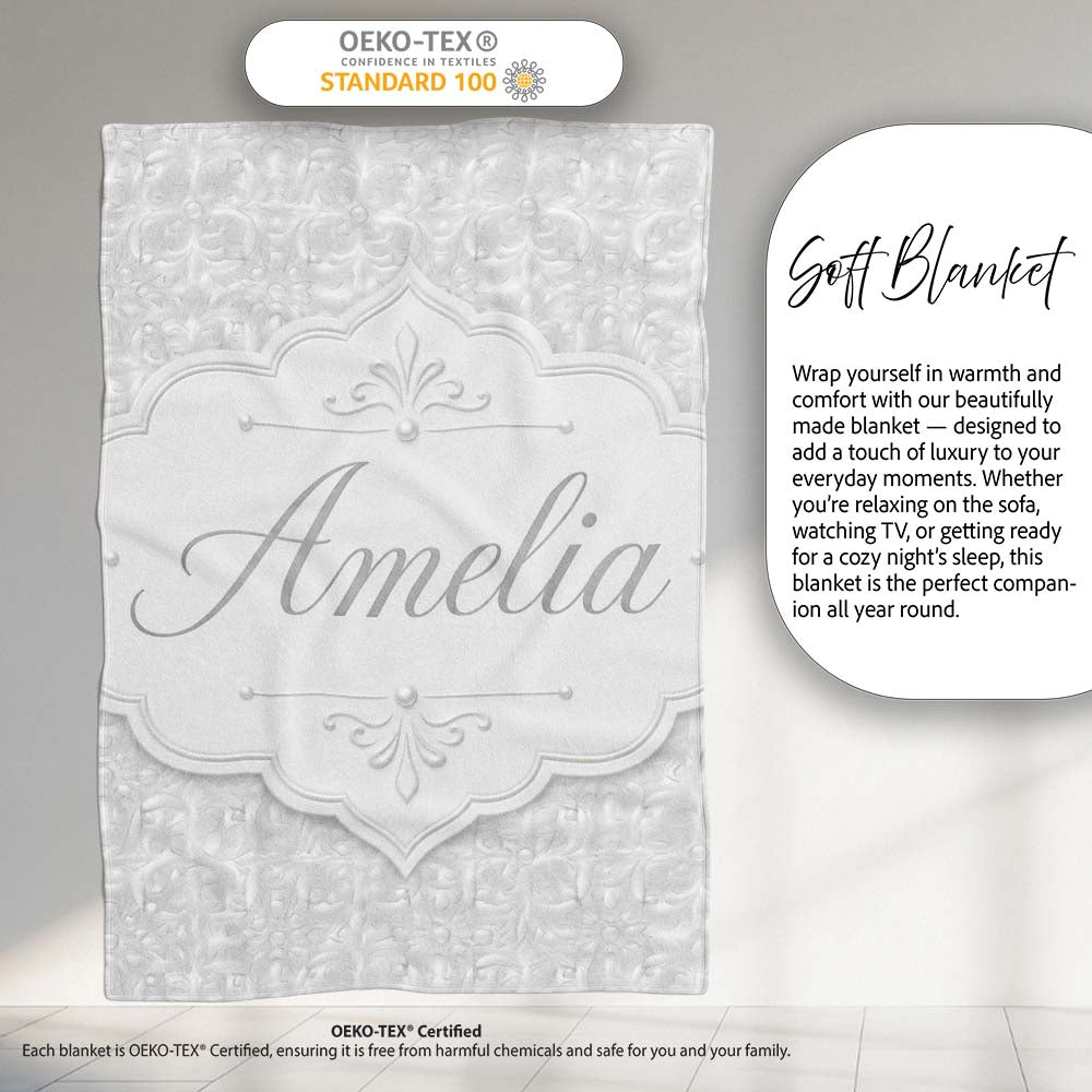 Subtle White Embossed Floral Tile with Soft Textured Finish Design Personalised Custom Name Super Soft Fleece Blanket Bed Sofa Throw
