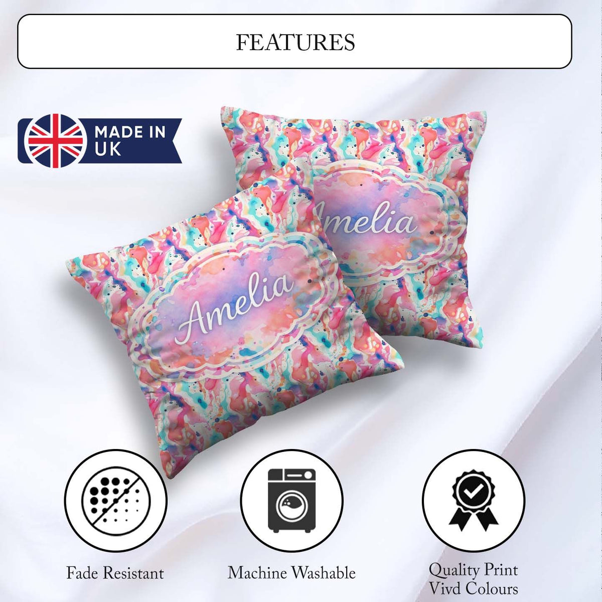 Custom Name Pastel Ink Flow Pink Purple Blue Abstract Pattern Square Filled Cushion Throw Pillow Sofa Bed Home Decor Zip Washable UK Made