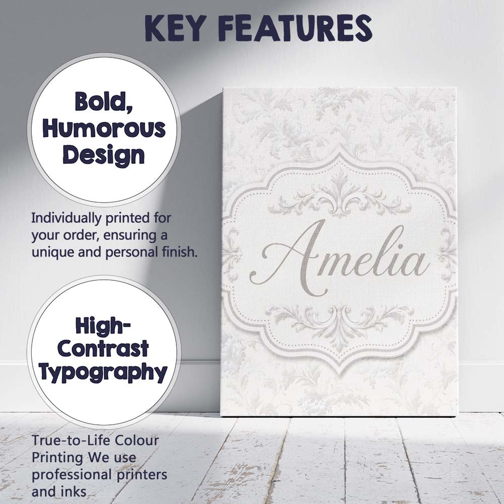 Personalised Name Elegant Soft Grey Damask Custom Bespoke Contemporary Statement Canvas Wall Art Print Decor Picture Ready to Hang