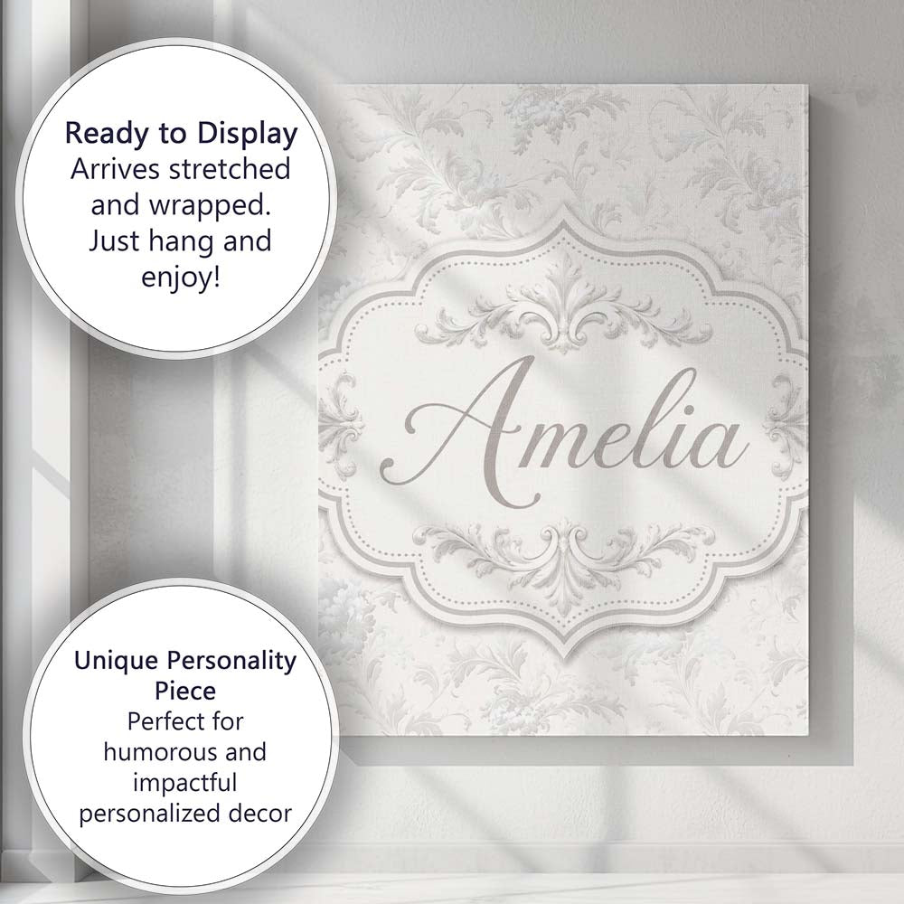 Personalised Name Elegant Soft Grey Damask Custom Bespoke Contemporary Statement Canvas Wall Art Print Decor Picture Ready to Hang