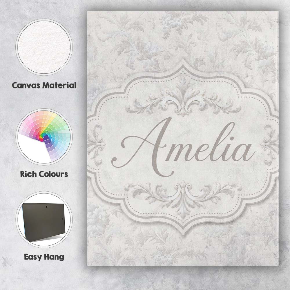 Personalised Name Elegant Soft Grey Damask Custom Bespoke Contemporary Statement Canvas Wall Art Print Decor Picture Ready to Hang