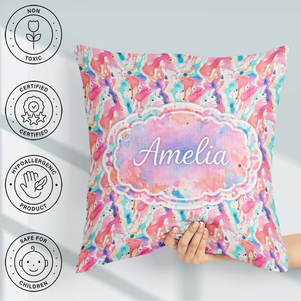Custom Name Pastel Ink Flow Pink Purple Blue Abstract Pattern Square Filled Cushion Throw Pillow Sofa Bed Home Decor Zip Washable UK Made