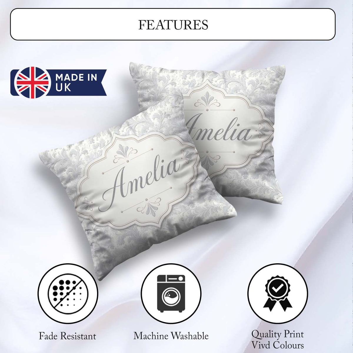 Custom Name Classic Grey Ornate Leaf Scroll with Subtle Embossed Square Filled Cushion Throw Pillow Sofa Bed Home Decor Zip Washable UK Made