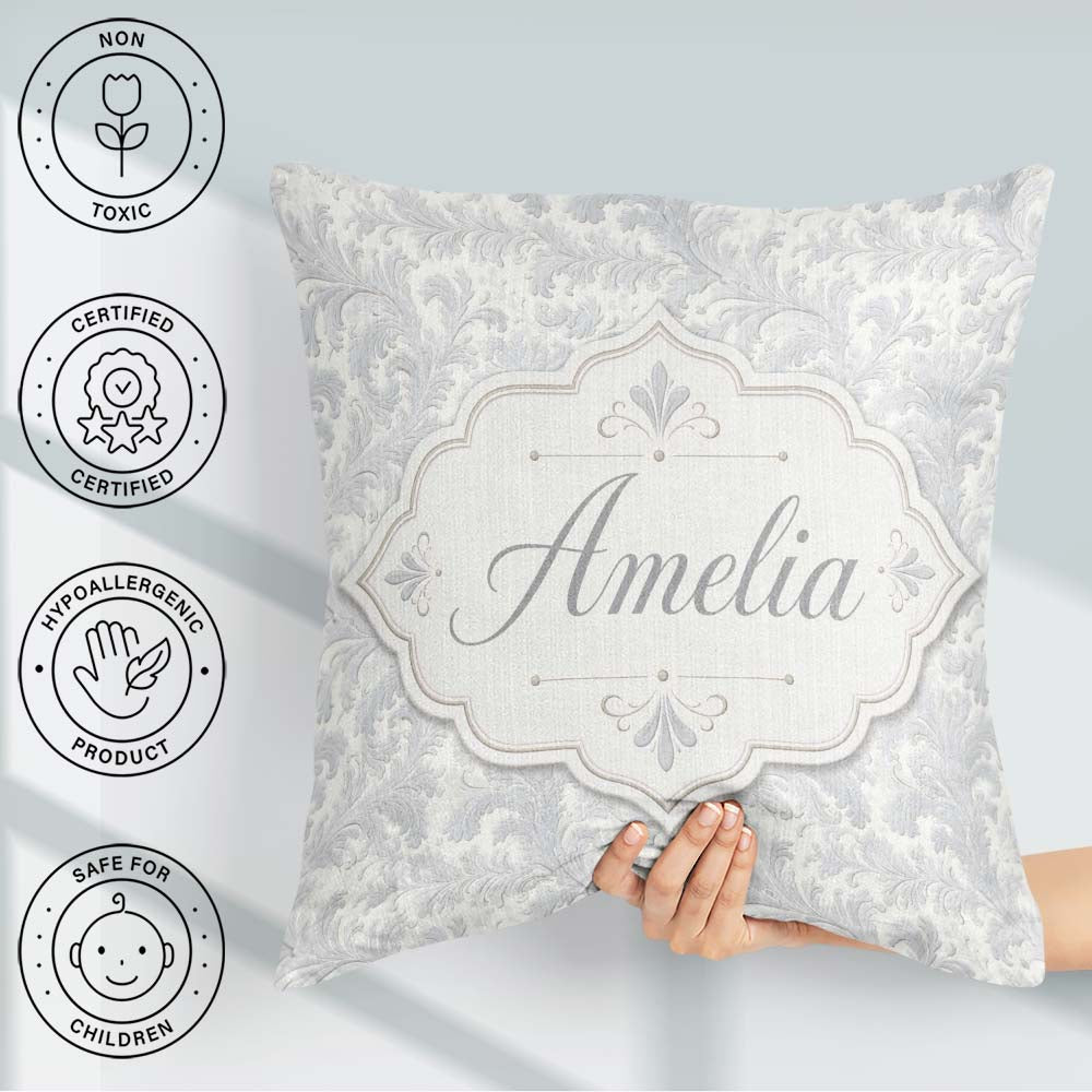 Custom Name Classic Grey Ornate Leaf Scroll with Subtle Embossed Square Filled Cushion Throw Pillow Sofa Bed Home Decor Zip Washable UK Made