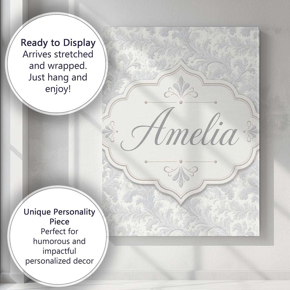 Personalised Name Classic Light Grey Ornate Custom Bespoke Interior Contemporary Canvas Wall Art Print Decor Picture Ready to Hang