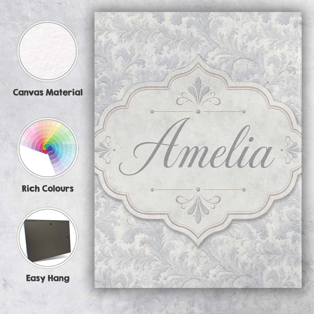 Personalised Name Classic Light Grey Ornate Custom Bespoke Interior Contemporary Canvas Wall Art Print Decor Picture Ready to Hang