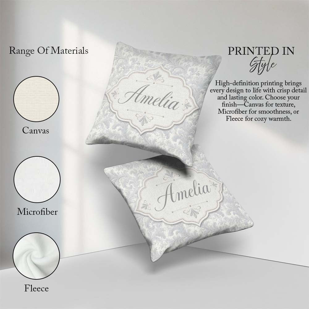 Custom Name Classic Grey Ornate Leaf Scroll with Subtle Embossed Square Filled Cushion Throw Pillow Sofa Bed Home Decor Zip Washable UK Made