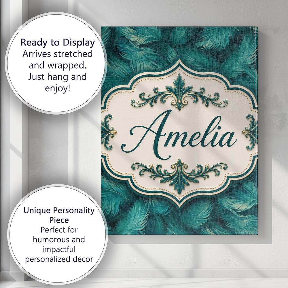 Personalised Name Rich Teal Feather Pattern Custom Bespoke Interior Contemporary Canvas Wall Art Print Decor Picture Ready to Hang