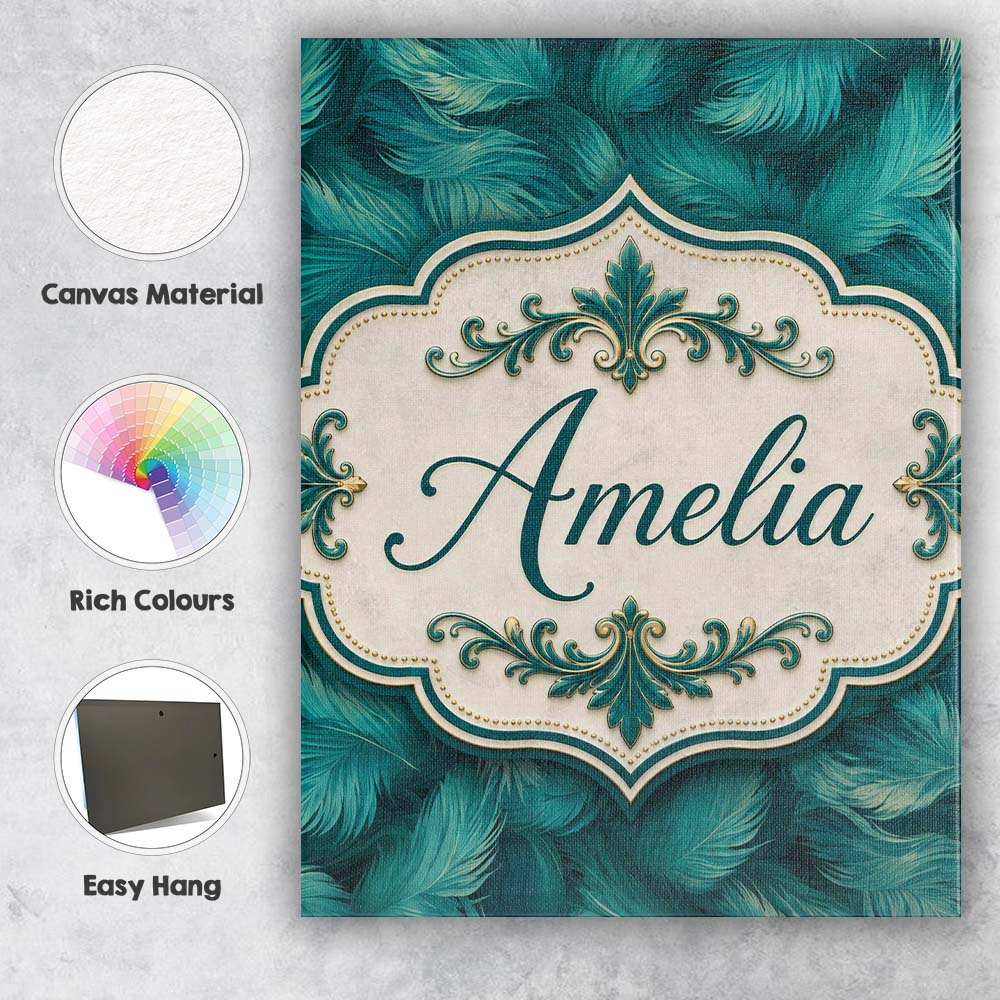 Personalised Name Rich Teal Feather Pattern Custom Bespoke Interior Contemporary Canvas Wall Art Print Decor Picture Ready to Hang