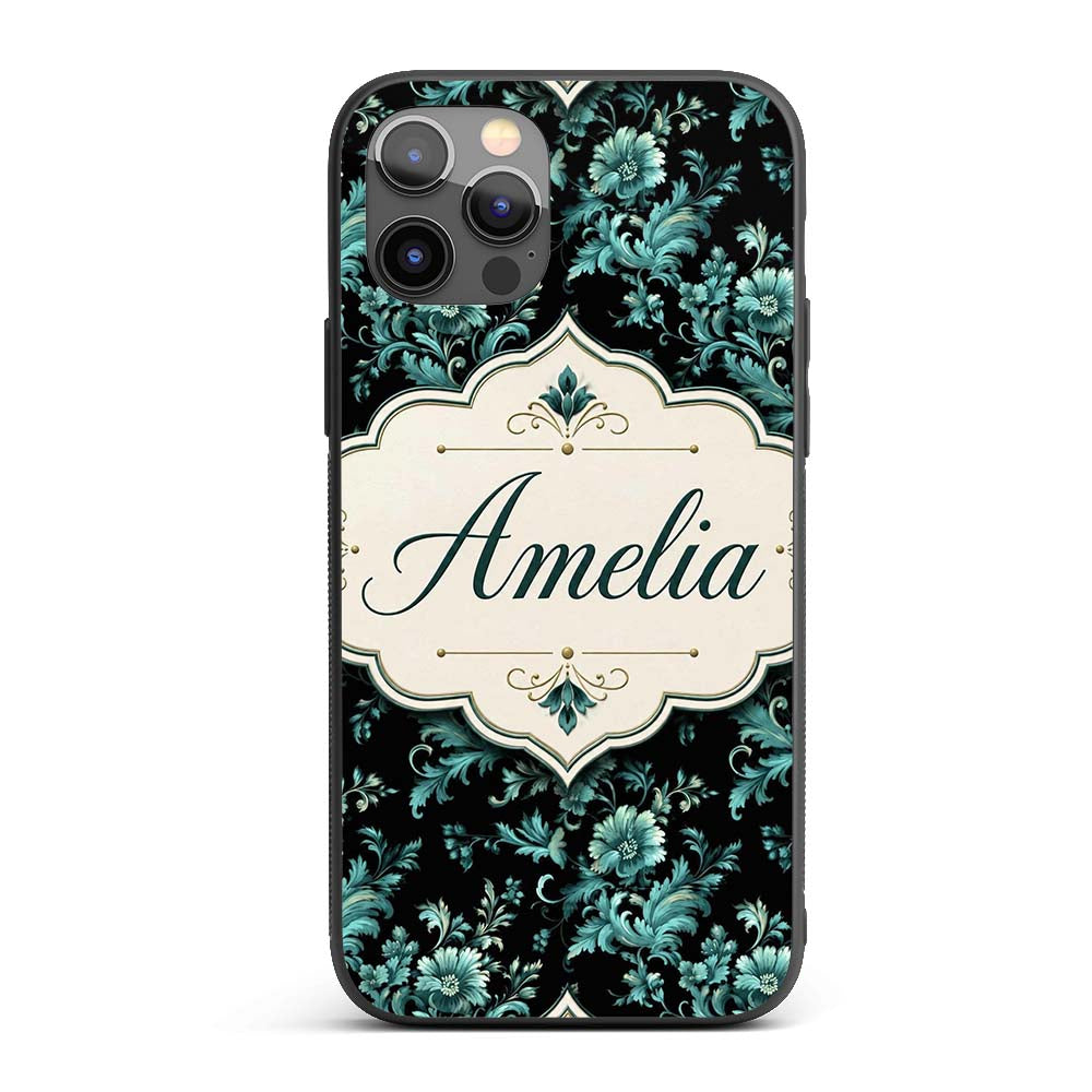 Dark Teal Floral Damask Pattern Printed Design Custom Name Protective Phone Case Mobile Cover Durable Everyday Smartphone Shock Resistant
