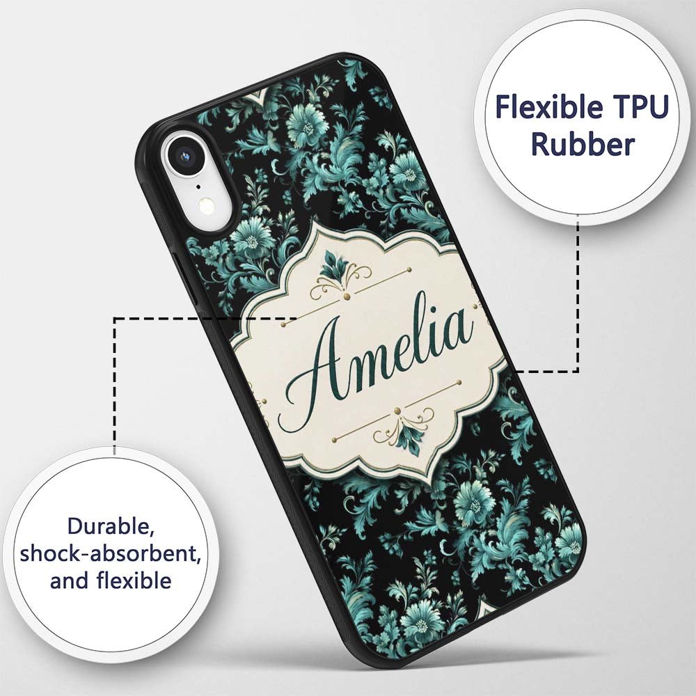 Dark Teal Floral Damask Pattern Printed Design Custom Name Protective Phone Case Mobile Cover Durable Everyday Smartphone Shock Resistant