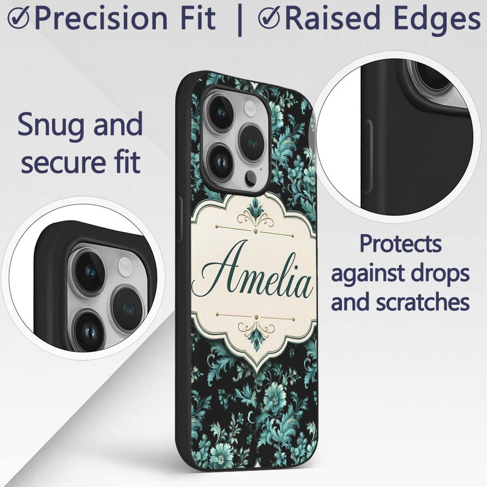 Dark Teal Floral Damask Pattern Printed Design Custom Name Protective Phone Case Mobile Cover Durable Everyday Smartphone Shock Resistant