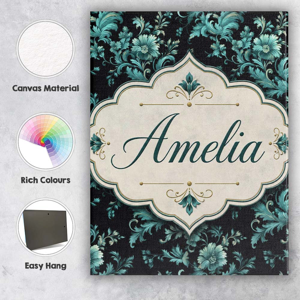 Personalised Name Dark Teal Floral Damask Custom Unique Gift Idea Elegant Feature Canvas Wall Art Print Decor Picture Ready to Hang