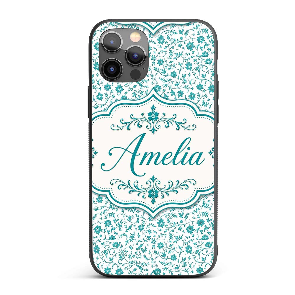 Teal Floral Vine Pattern with Delicate Botanical Custom Name Protective Phone Case Mobile Cover Durable Everyday Smartphone Shock Resistant