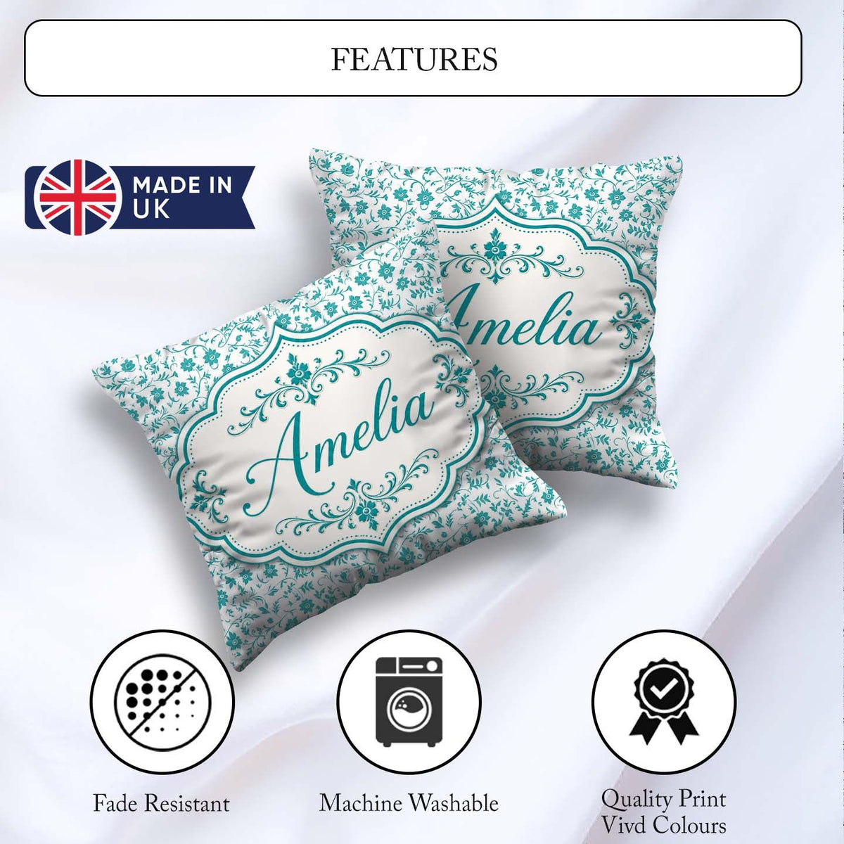 Custom Name Teal Floral Vine Pattern Delicate Botanical Seamless Square Filled Cushion Throw Pillow Sofa Bed Home Decor Zip Washable UK Made